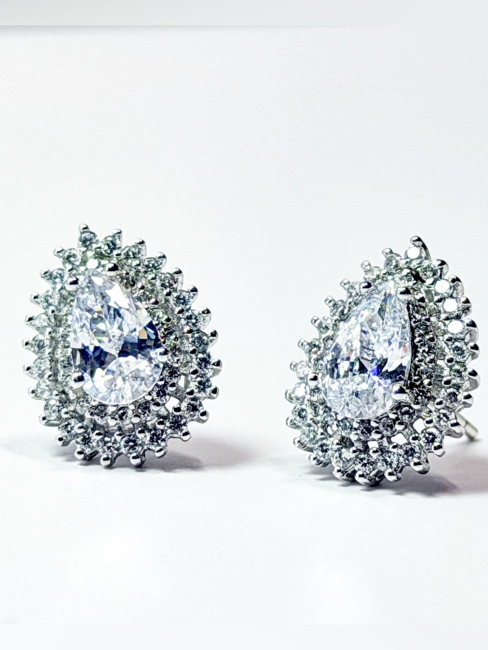 Sparkly Teardrop CZ Halo Stud Earrings Silver Tone Bridal Wedding